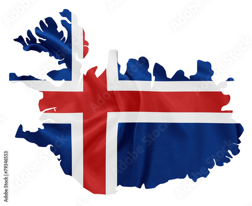 Iceland - Waving national flag on map contour with silk texture