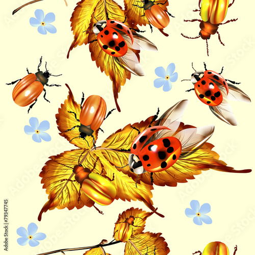 Beautiful seamless pattern with foliage and beetles