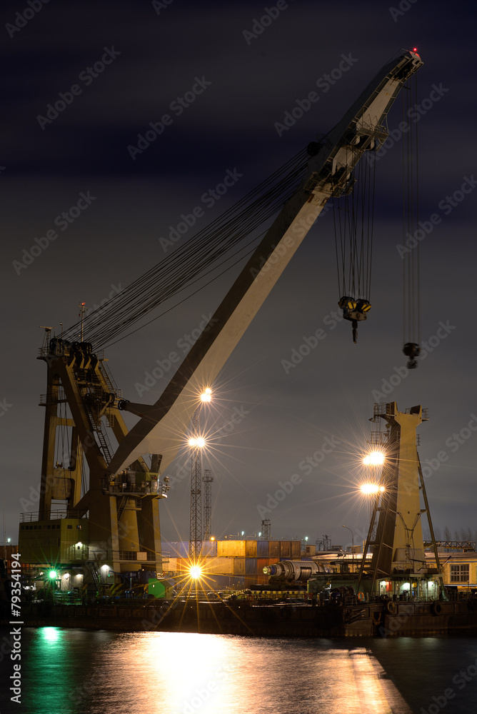 Crane in harbor at night