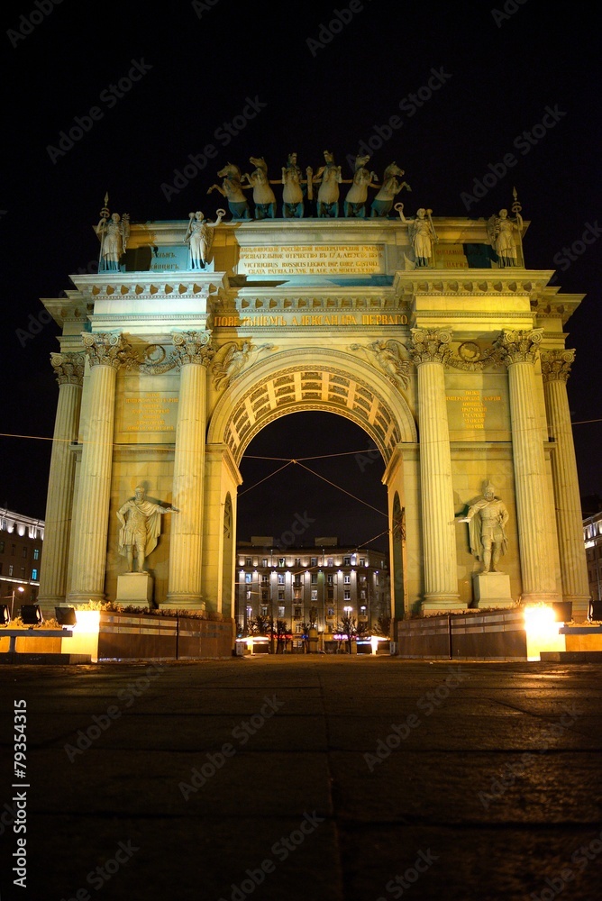 Narva Triumphal Arch at night in Saint Petersburg, Russia