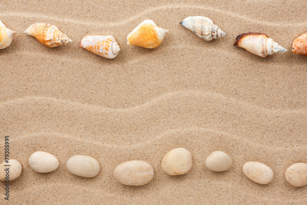 Two rows of stones and shells on the sand Two rows of stones and shells on the sand