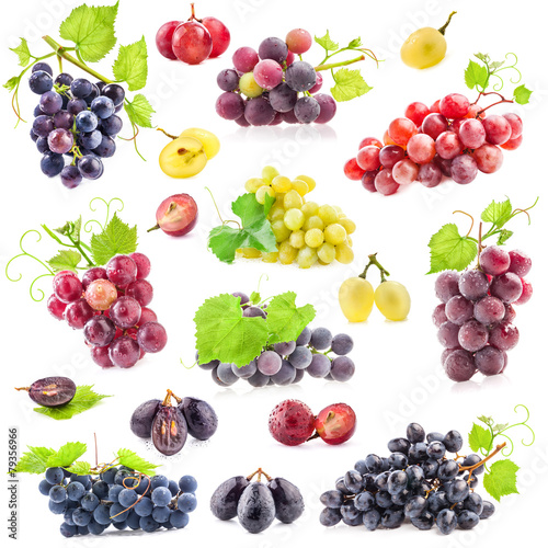 Collection of grapes with leaves, Isolated on white background