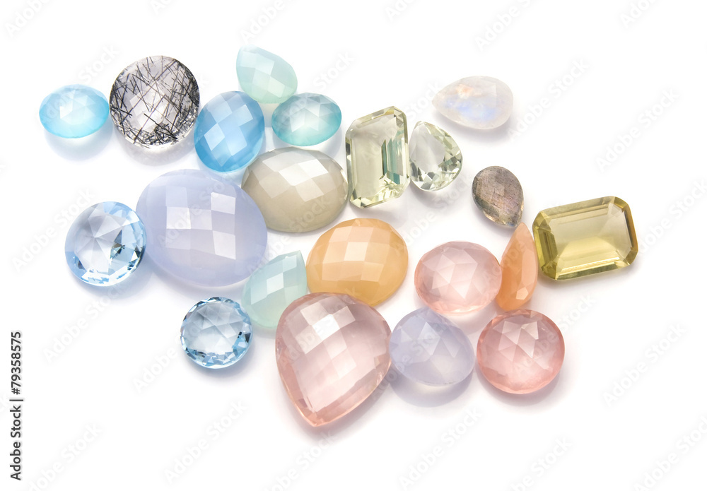 Pastel color gemstones collection on the white background.