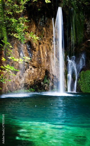 Summer view of beautiful waterfalls in Plitvice Lakes National P