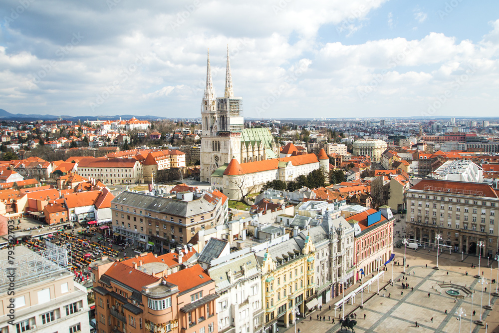 Jelacic square and catholic cathedral in Zagreb, Croatia