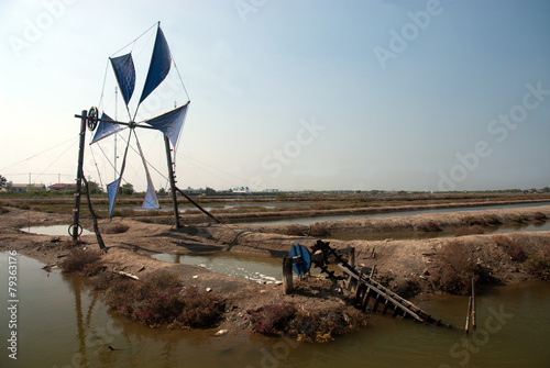 Canvastavla Ancient Thai traditional water wheel pump and wind mill.