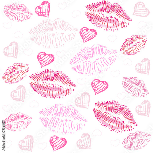 Kiss, lips, hearts vector pattern background