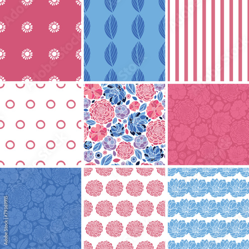 Vector mosaic flowers set of nine matching colorful repeat