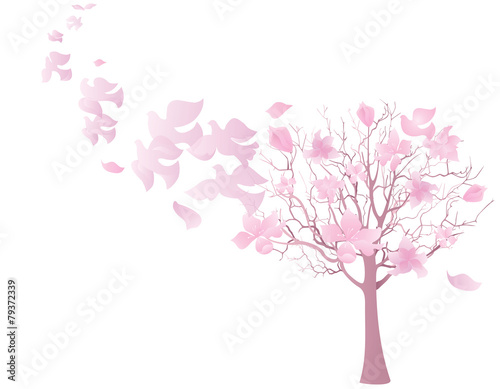 Blooming spring tree and birds on isolated background