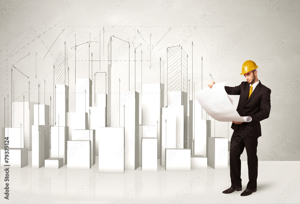 Construction worker planing with 3d buildings in background Construction worker planing with 3d buildings in background