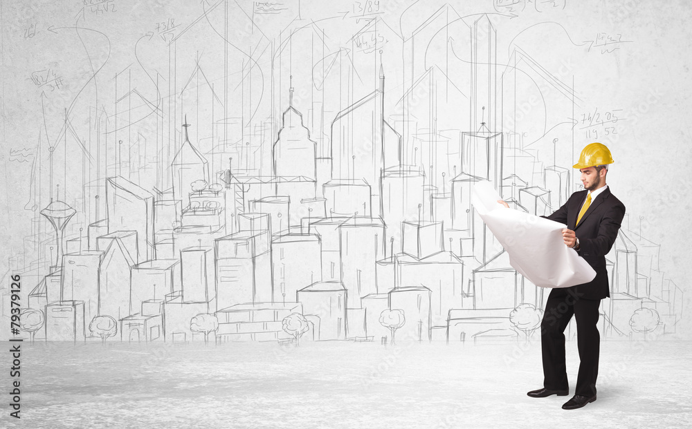 Construction worker with cityscape background