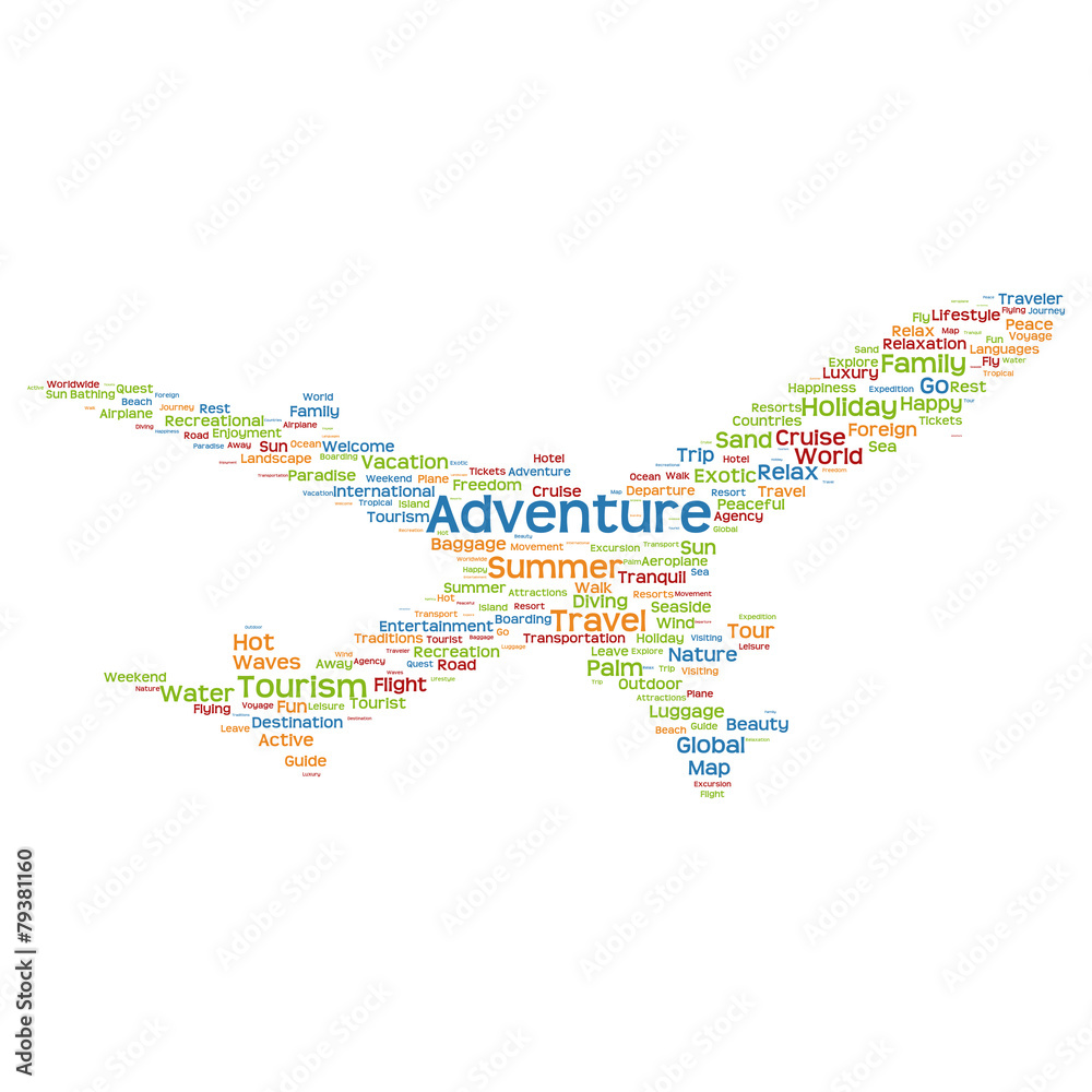 Vector conceptual adventure travel or tourism plane word cloud