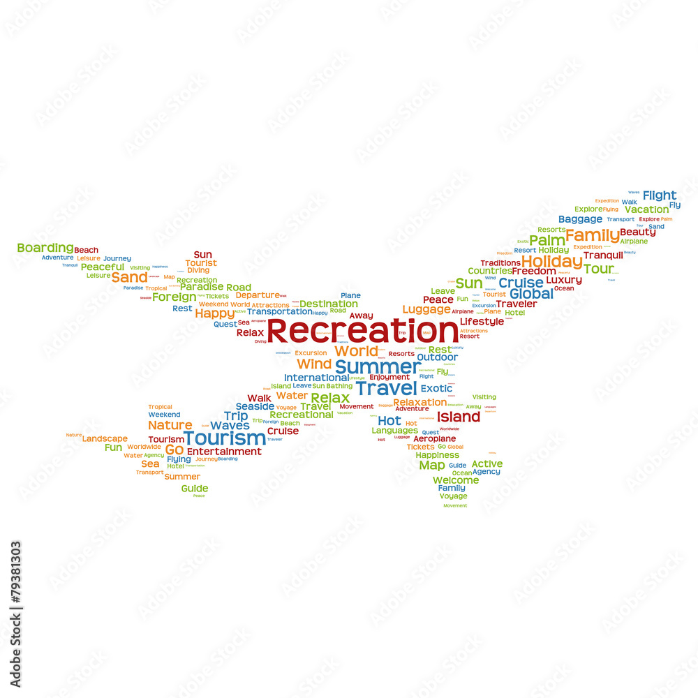 Conceptual recreation travel or tourism plane word cloud