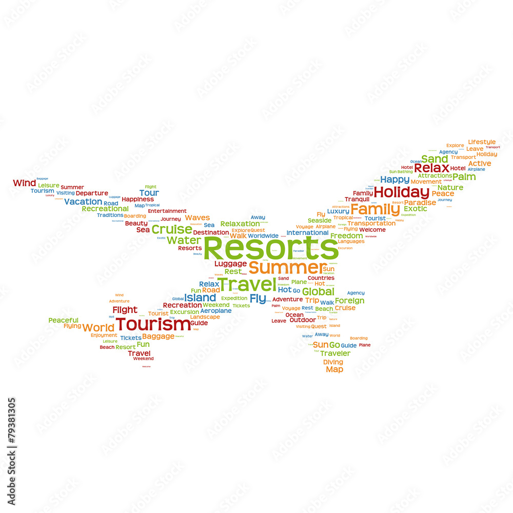 Conceptual resorts travel or tourism plane word cloud