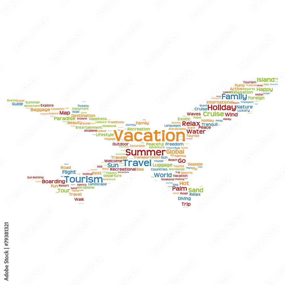 Conceptual vacation travel or tourism plane word cloud