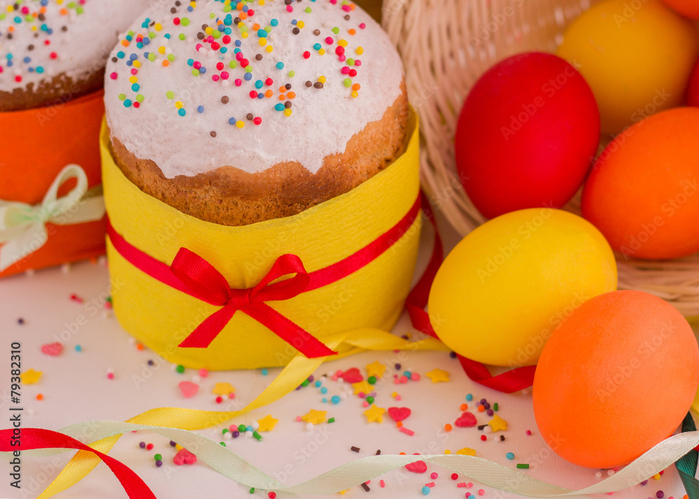 Easter cake and painted eggs. Selective focus Easter cake and painted eggs. Selective focus