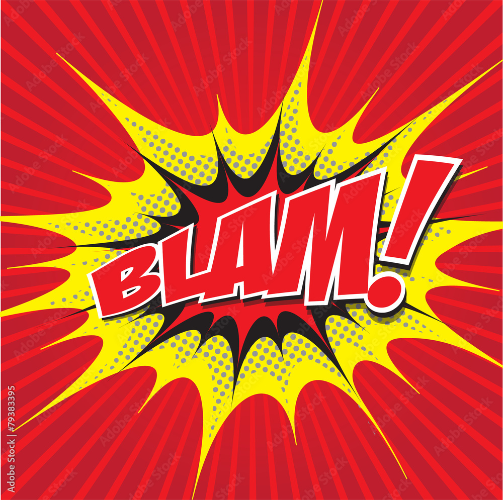 BLAM! wording in comic speech bubble in pop art style