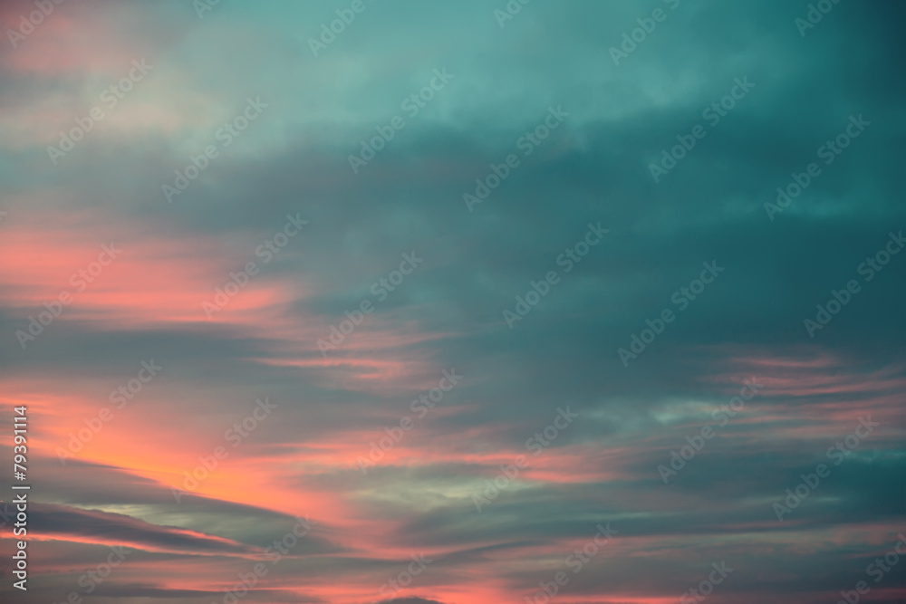 Cyan clouds and fire sunset background.Orange sunset.