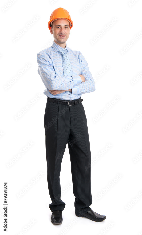 Full length portrait of a happy businessman in helmet Full length portrait of a happy businessman in helmet