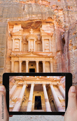 taking photo of Treasury Monument temple in Petra photo