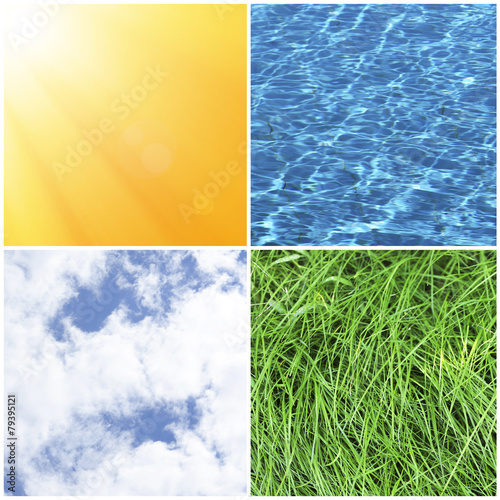 Water, plant, sky and sun in collage, nature components concept