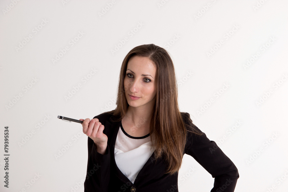 Bussiness Woman Is Explaining Something with Pen Isolated on Whi Bussiness Woman Is Explaining Something with Pen Isolated on Whi