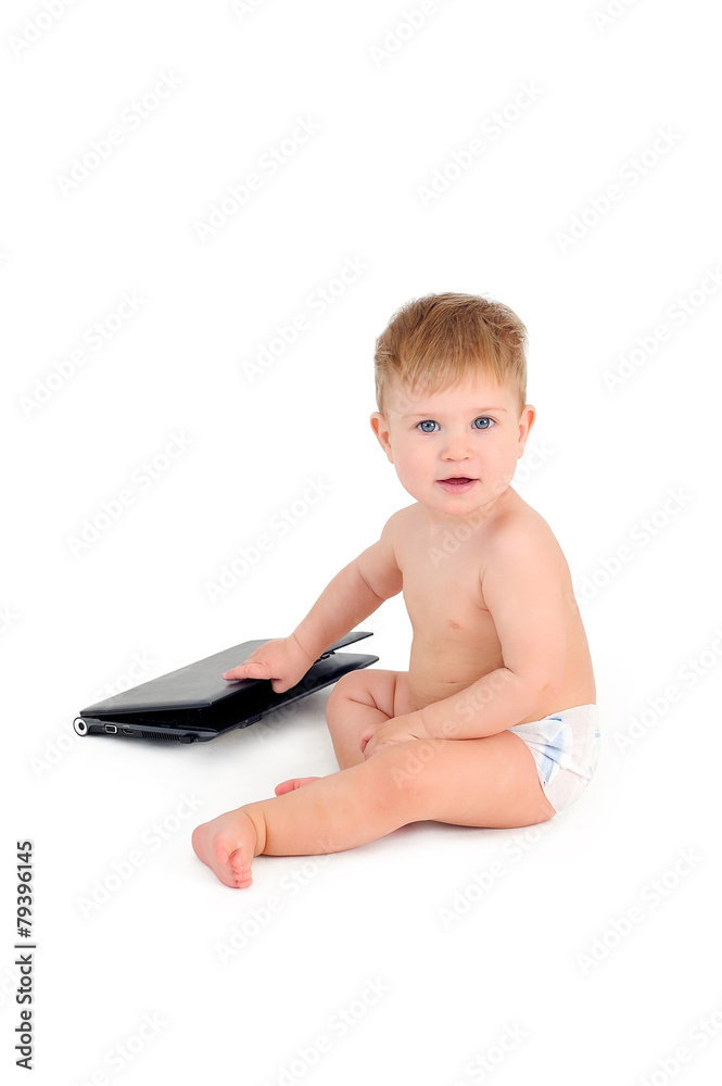 Small businessman sitting with a laptop, a child on a white back Small businessman sitting with a laptop, a child on a white back