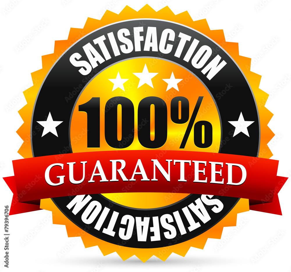 Satisfaction guarantee seal, stamp or badge with red ribbon, ban