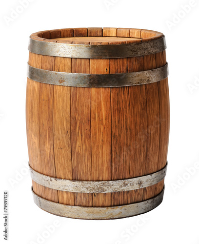 Leinwand Poster Wooden oak barrel isolated on white background