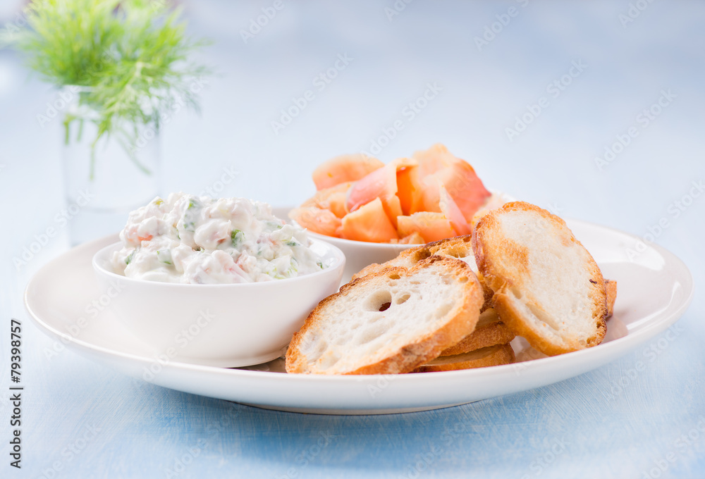 Soft cheese spread, smoked wild salmon and baguette