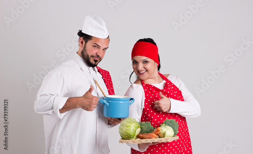 Italian Chiefcook in Red Apron and Handsome Cooky are Showing Nu photo
