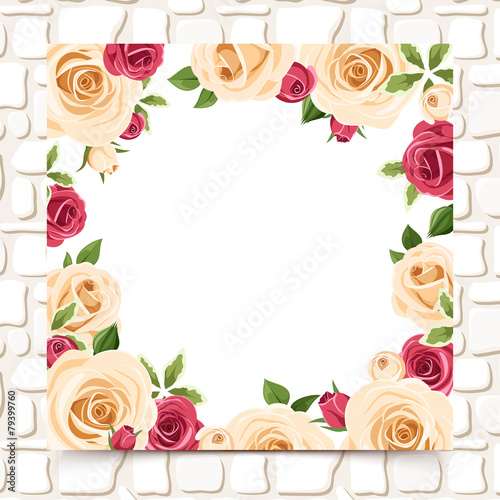 Card with red and white roses on a stone wall. Vector eps-10.