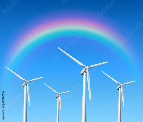 Wind turbines, rainbow over blue sky