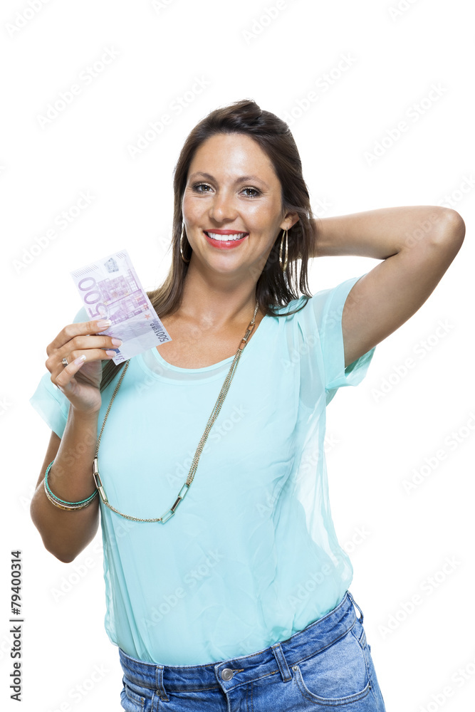 Smiling Attractive Woman Holding 500 Euro Bill Smiling Attractive Woman Holding 500 Euro Bill