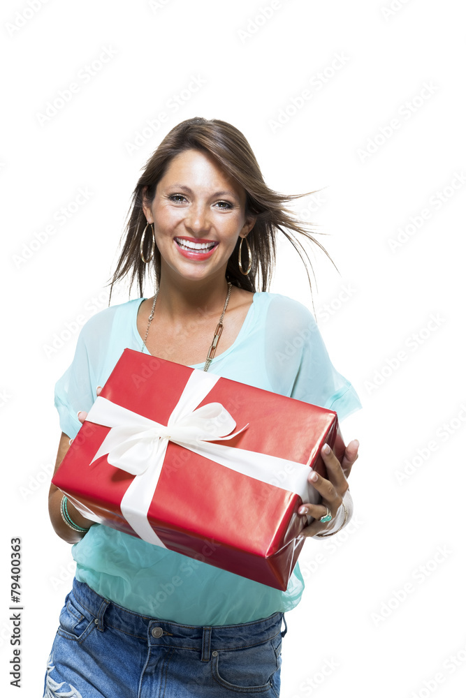 Fototapeta premium Happy Woman Holding Red Gift Box