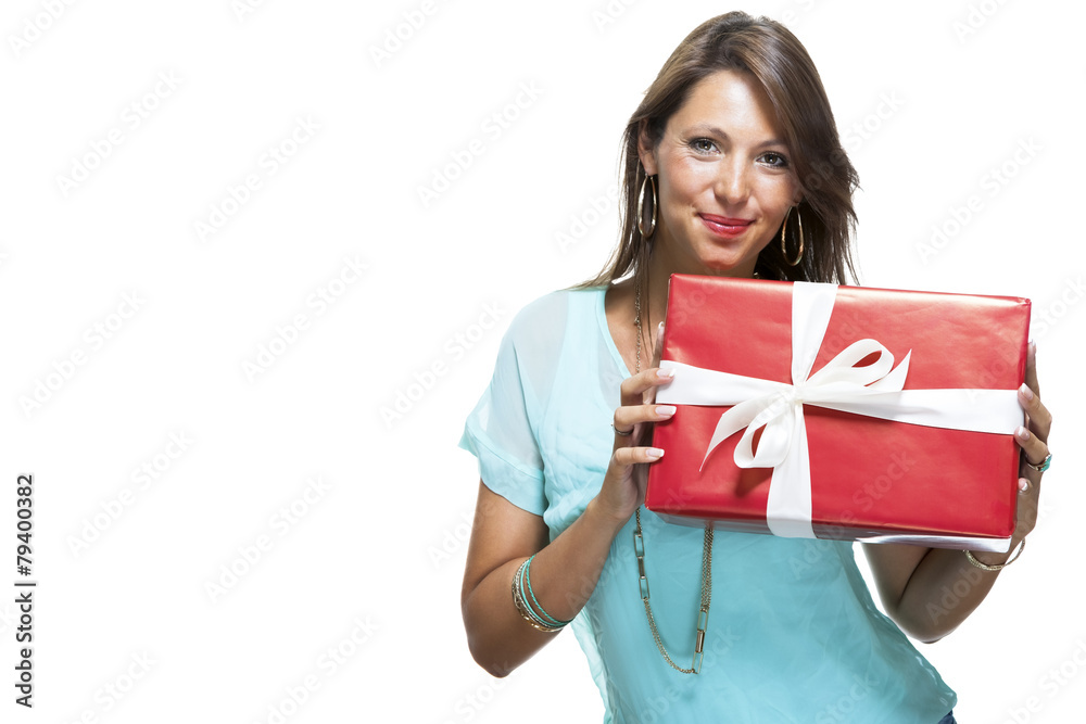Fototapeta premium Happy Woman Holding Red Gift Box