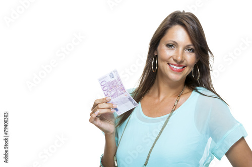 Obraz na plátně Smiling Attractive Woman Holding 500 Euro Bill