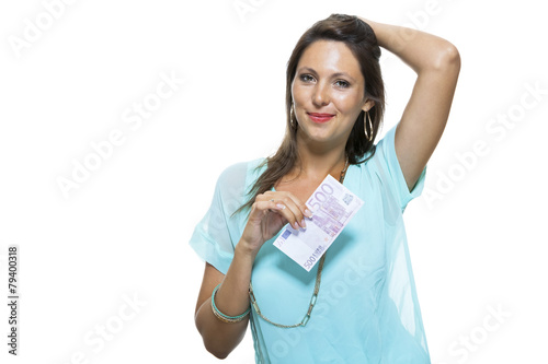 Fotografie Smiling Attractive Woman Holding 500 Euro Bill