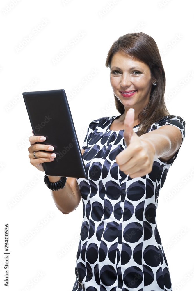 Smiling Woman in a Dress Holding a Tablet Computer Smiling Woman in a Dress Holding a Tablet Computer