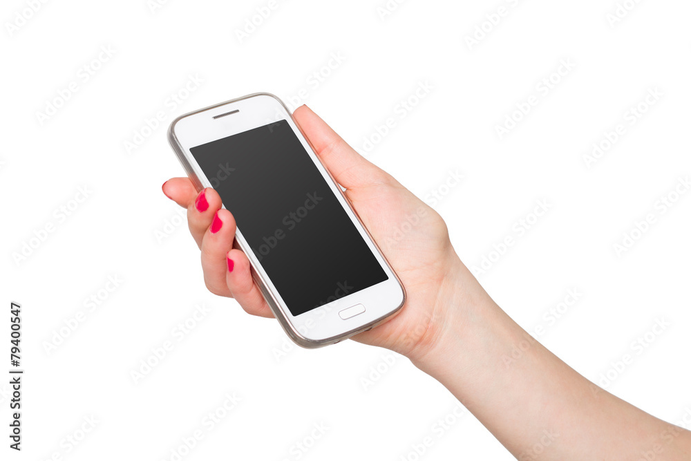 Phone in hand girl. White screen smartphone isolated on white Phone in hand girl. White screen smartphone isolated on white