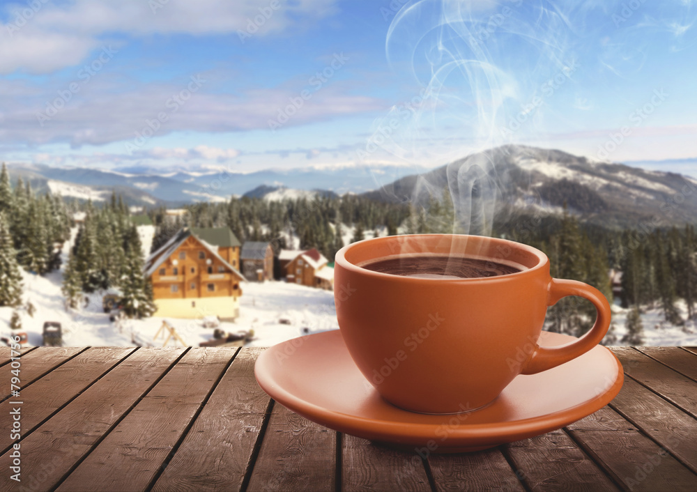 Cup of tea on winter background