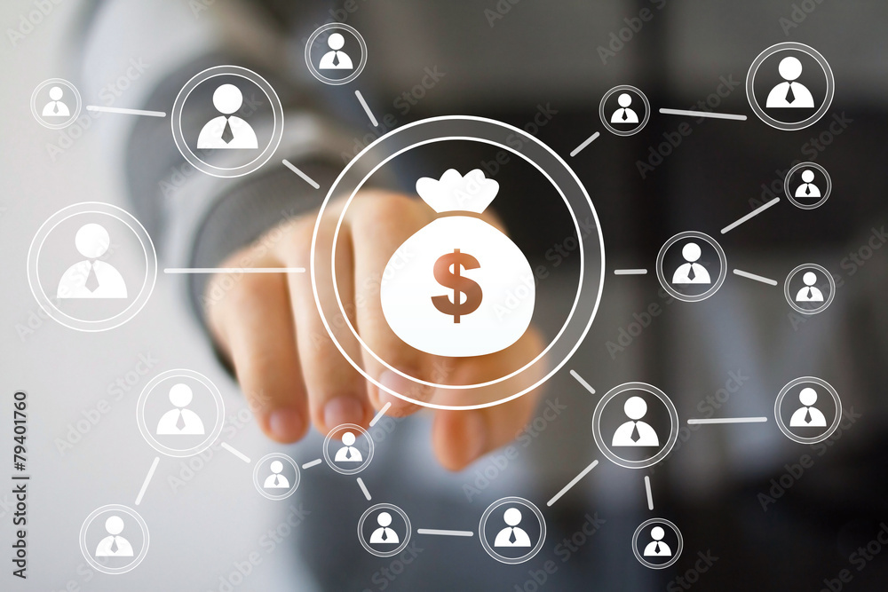 Businessman pushing button with dollar sign virtual Businessman pushing button with dollar sign virtual