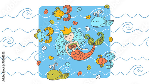 Cartoon background with mermaid and marine inhabitants