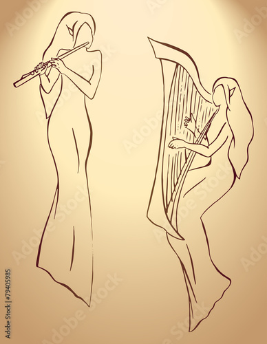 Elves minstrels with harp and flute