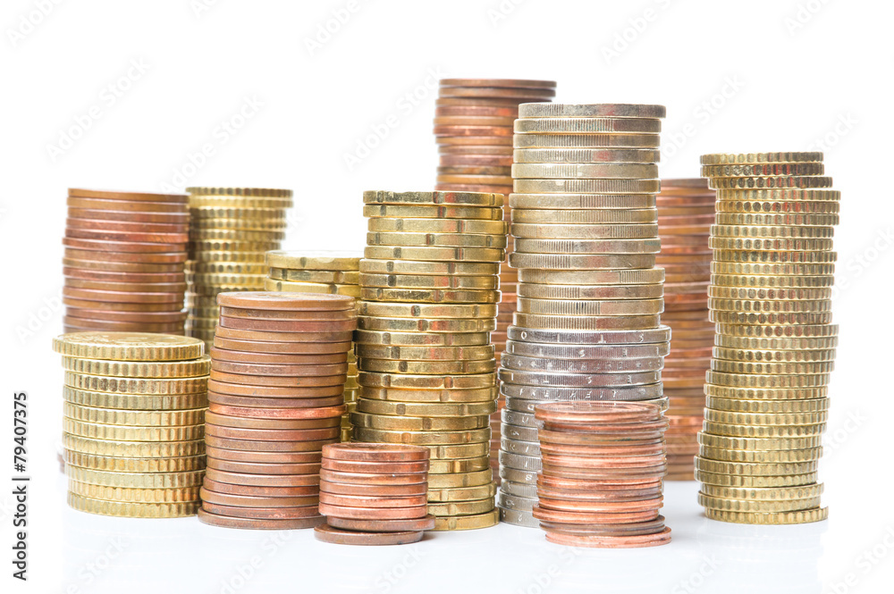 Stack of euro coins over white Stack of euro coins over white