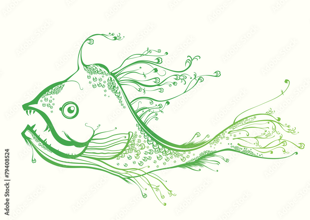 Fantastic green fish. Graphic illustration.