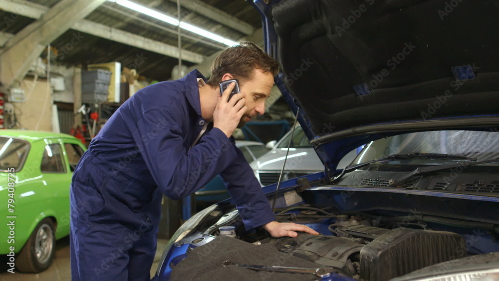 Mechanic talking on a mobile phone with the car owner Mechanic talking on a mobile phone with the car owner