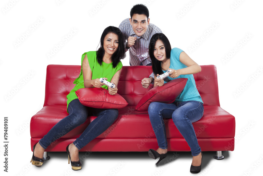 Group of teenager playing games isolated Group of teenager playing games isolated