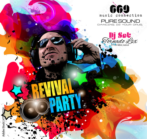Disco Night Club Flyer layout with Disck Jockey shape and music