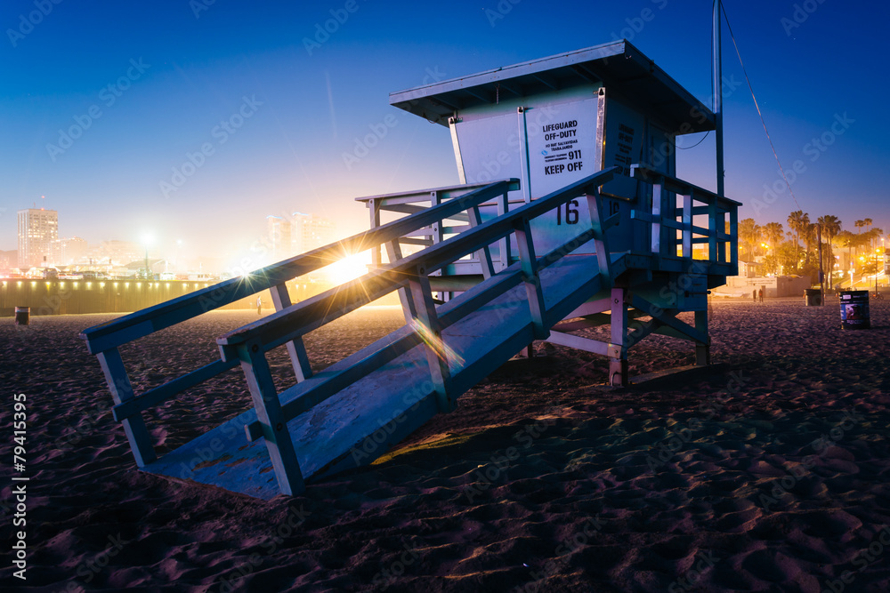 A lifeguard tower on the beach at night, in Santa Monica, Califo